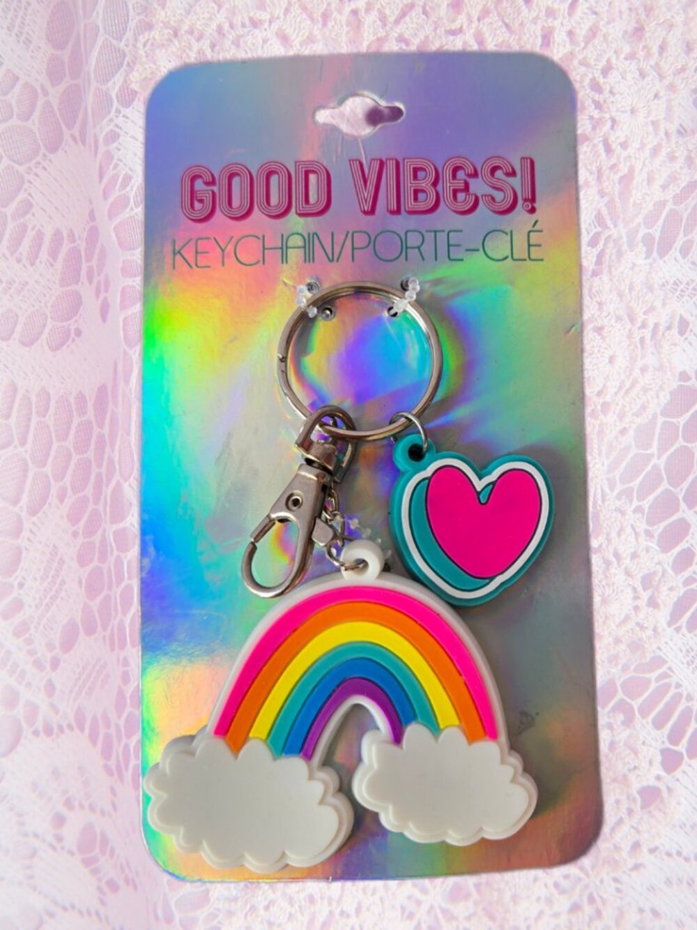 Good Vibes Rainbow Heart Keychain Bag Accessory Charm Decora Kawaii Cute Kidcore